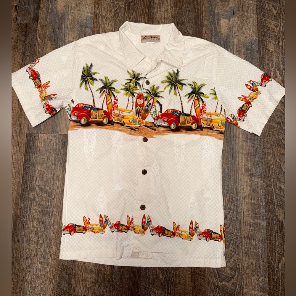 Men's White Hawaiian Polo with Surf Car Print